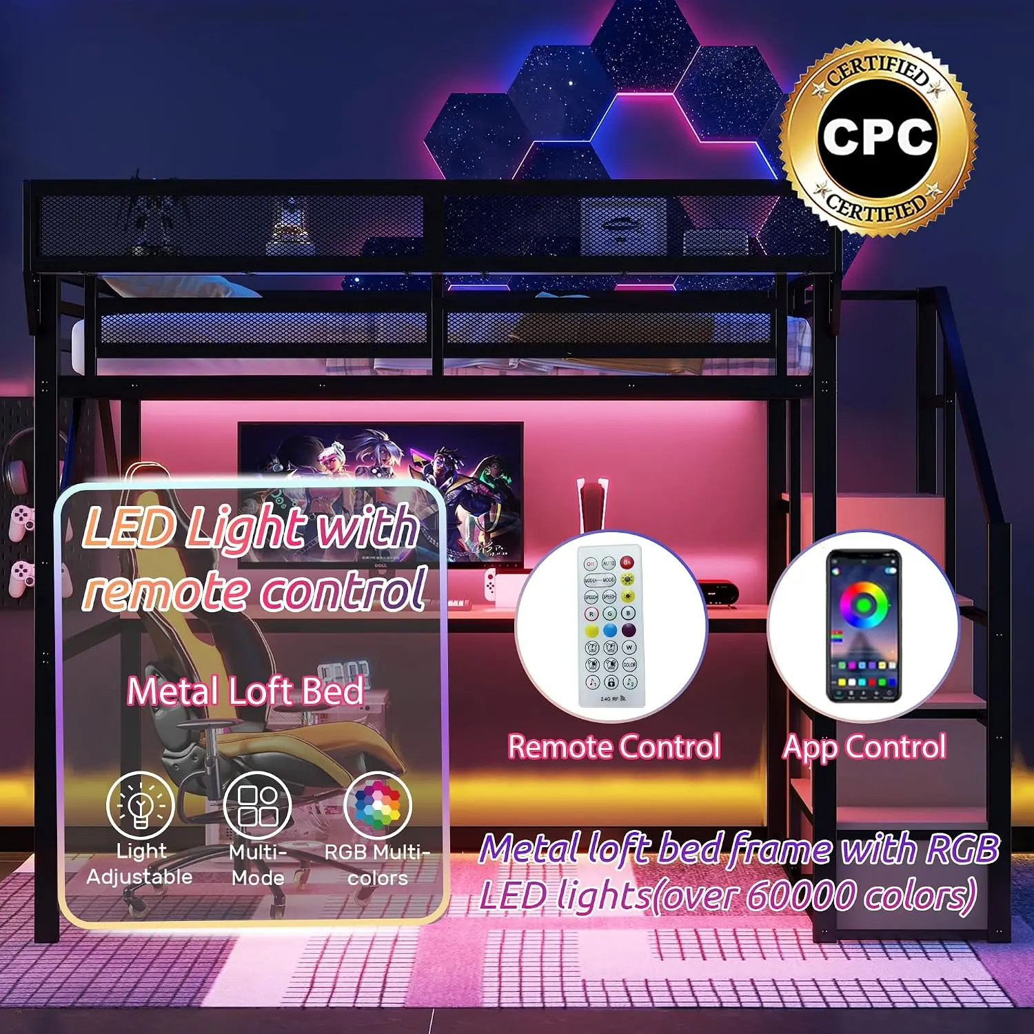 Metal Loft Bed with Desk & RGB LED,Queen with Stairs & Charging,Kids Loft Bed with Storage & Wardrobe,Customized image 4