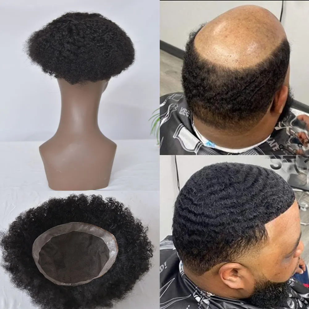 Afro Indian Remy Human Hair Wig for Men African American Wigs 360 Wave Afro Hairpiece 8x10Inch 6mm Afro Wave Mono Black Color