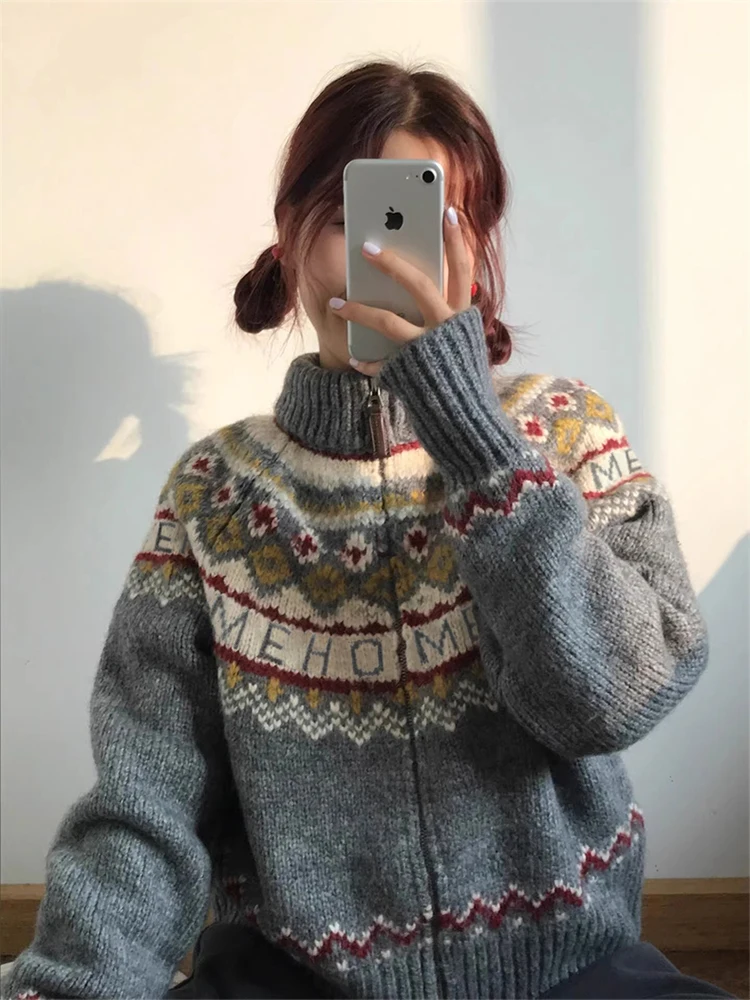 เสื้อไหมพรมถักลาย Fair Isle สำหรับผู้หญิง ฤดูใบไม้ร่วง ฤดูหนาว สไตล์เรโทร สบายๆ เสื้อคลุมคาร์ดิแกนถักสำหรับผู้หญิง