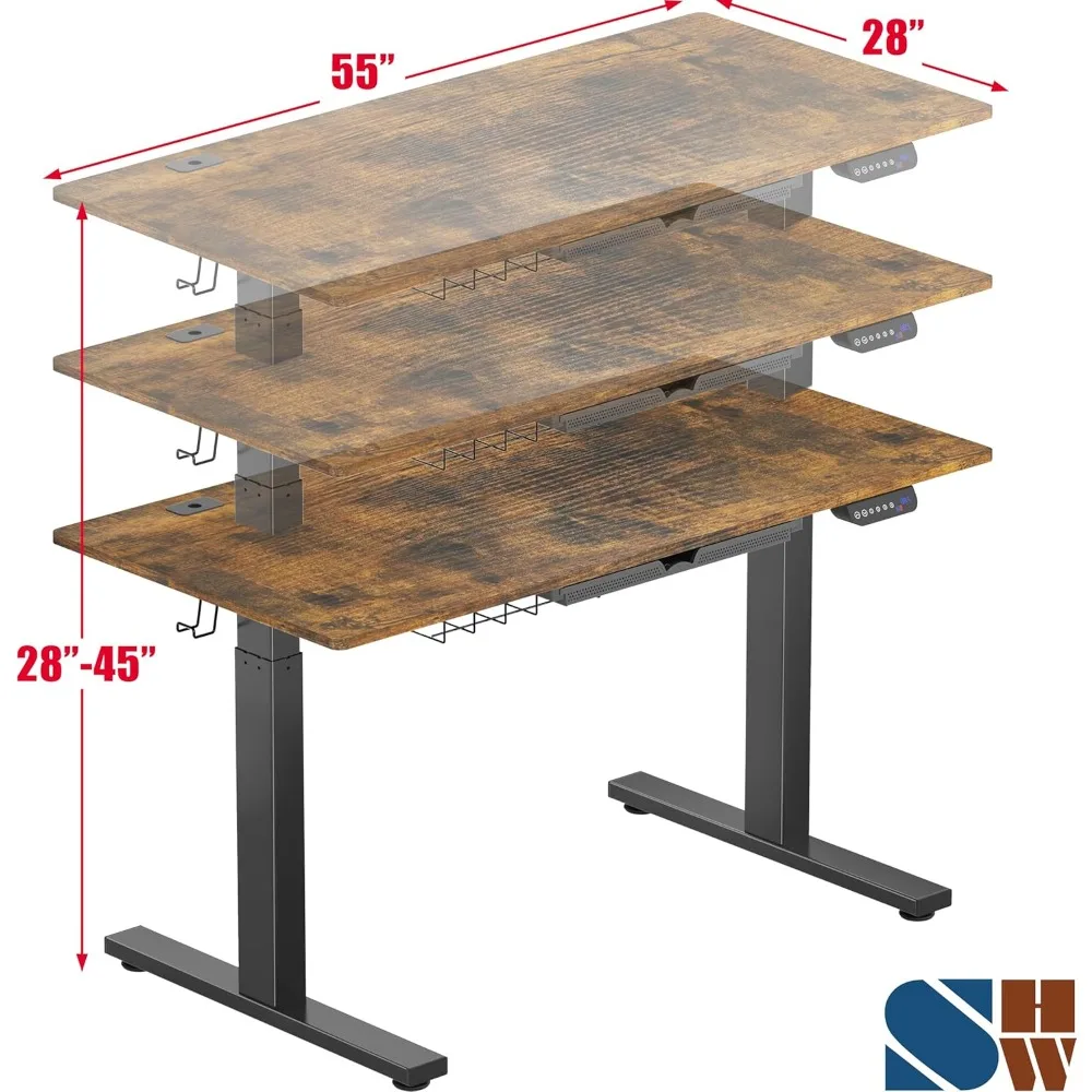 مكتب كهربائي قابل للتعديل بارتفاع 55 × 28 بوصة مع درج، إعداد الذاكرة المسبق، لمسة نهائية بنية ريفية، خيار مكتب قائم مريح