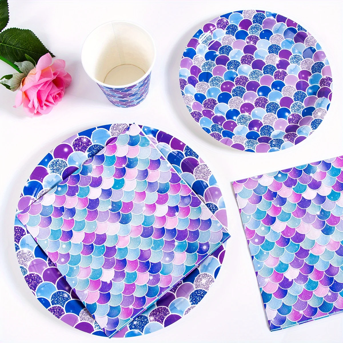Purple Fish Scale Pattern Disposable Plates Convenient and Elegant Kitchen Tableware for Birthday Parties, No Washing Required