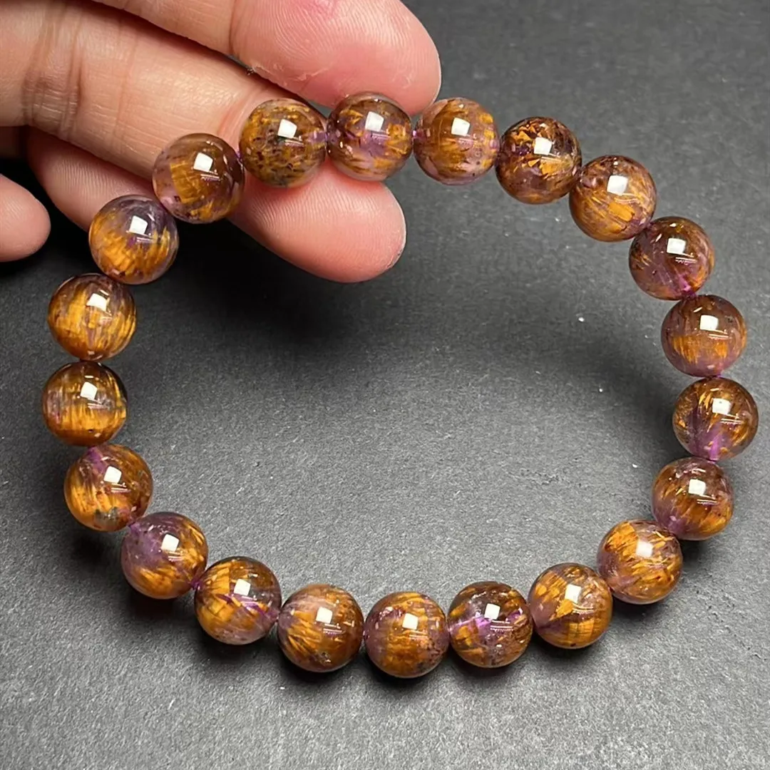 

Natural Purple Cacoxenite Auralite 23 Gold Rutilated Quartz Bracelet 9.3mm Clear Round Beads Bangle Cat Eye Women Men AAAAAA