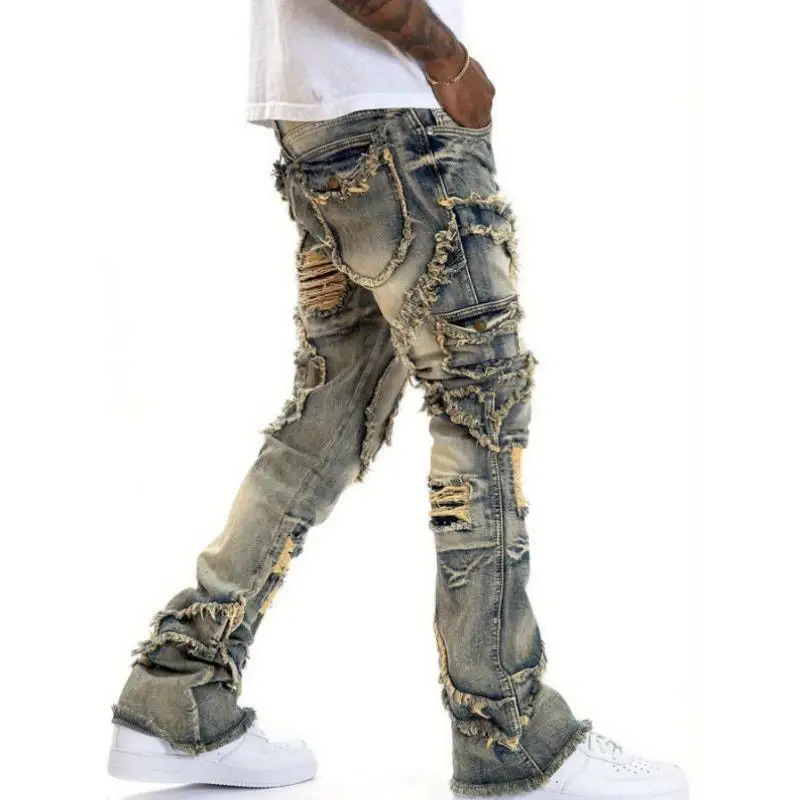 

Ruffled Microflare Jeans Low Waist Cuffed Hem Torn Denim Men's Summer Casual Straight Leg Non-Shrinkable plus Size Jeans