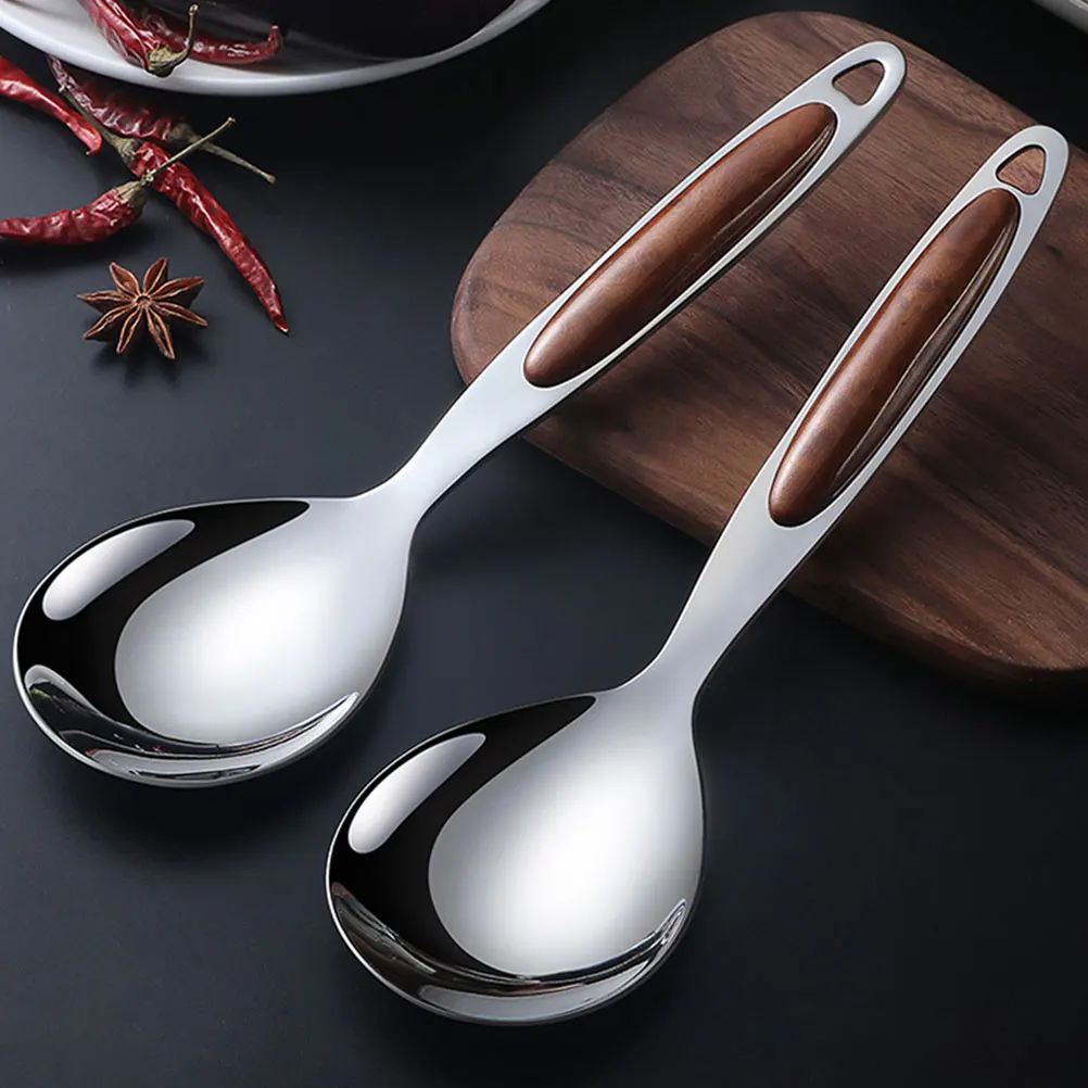 

2 Pcs Large Rice Spoon Stainless Steel Long Handle for Serving Food Soup Salad Western Banquet Hygienic Communal Kitchen Barware