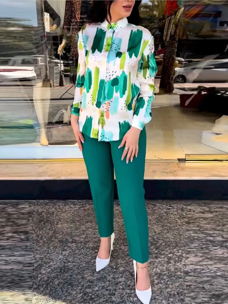 Casual Long Sleeve Shirt Pants Set Office Lady Spring Autumn Elegant Print Tops Solid Trousers Two Piece Set Women Outfit 2023