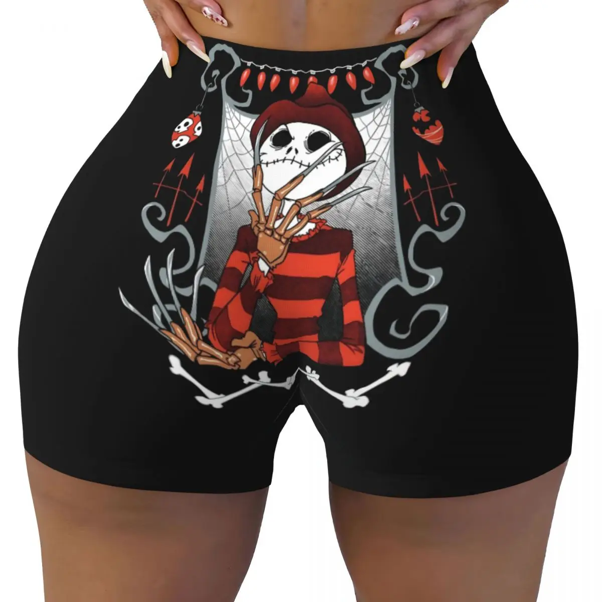 

Женские шорты для йоги Jack Skellington на заказ, шорты для йоги «Кошмар перед Рождеством», спортивные шорты для спортзала, волейбола, байкера
