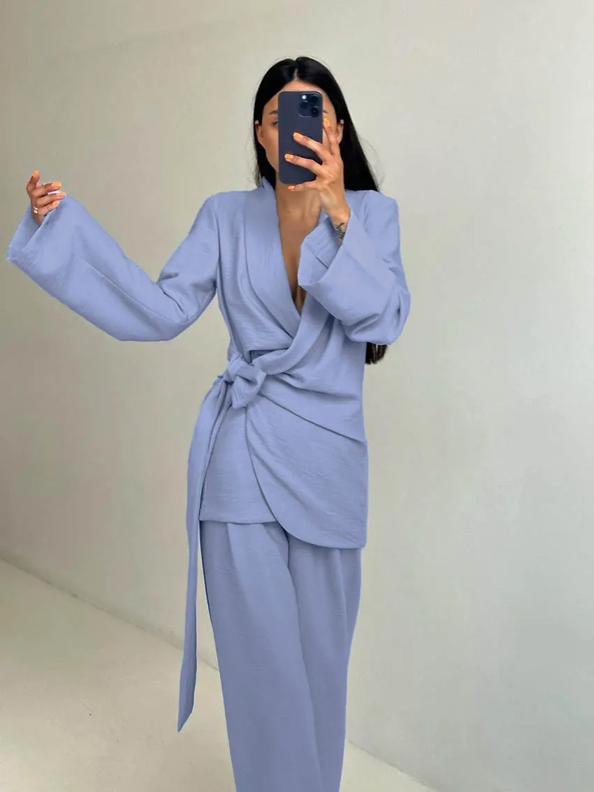 Marthaqiqi Casual Women Nightgown Set Lace Up Pajama Long Sleeve Sleepwear Sexy V-Neck Nightie Pants Loose Ladies Nightwear Suit