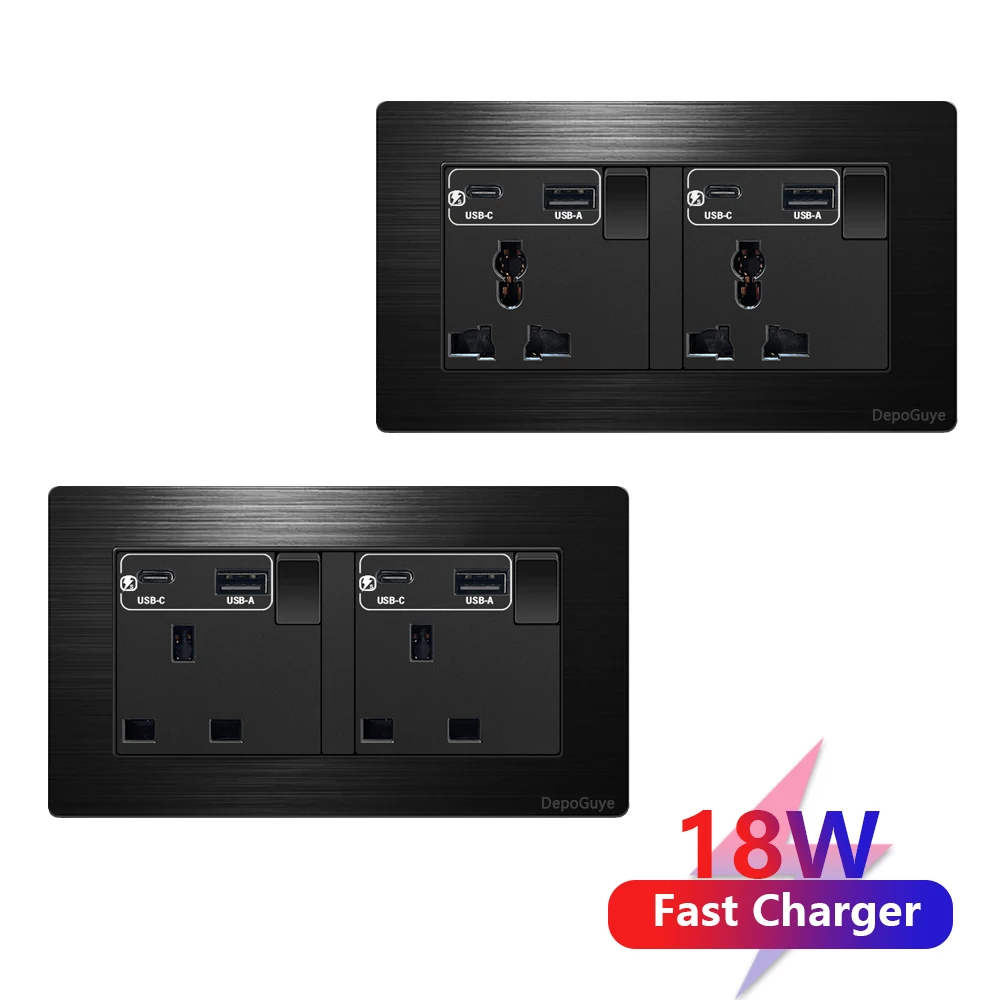 อลูมิเนียมแปรง Universal 3pin Dual USB ซ็อกเก็ต,UK 13A Type-C 18W Quick CHARGING Outlet,220V ไฟฟ้าแผงสวิตช์ไฟผนัง