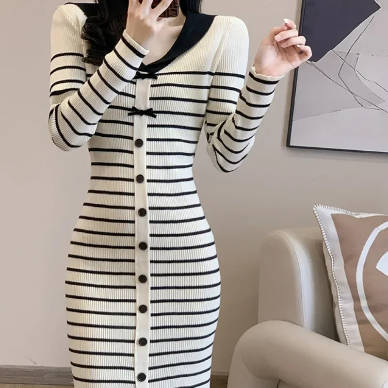 Striped Women's Crochet Dresses Bodycon Korean Style Female Knit Dress New Features of 2025 Fashion Retro Elegant and Beautiful