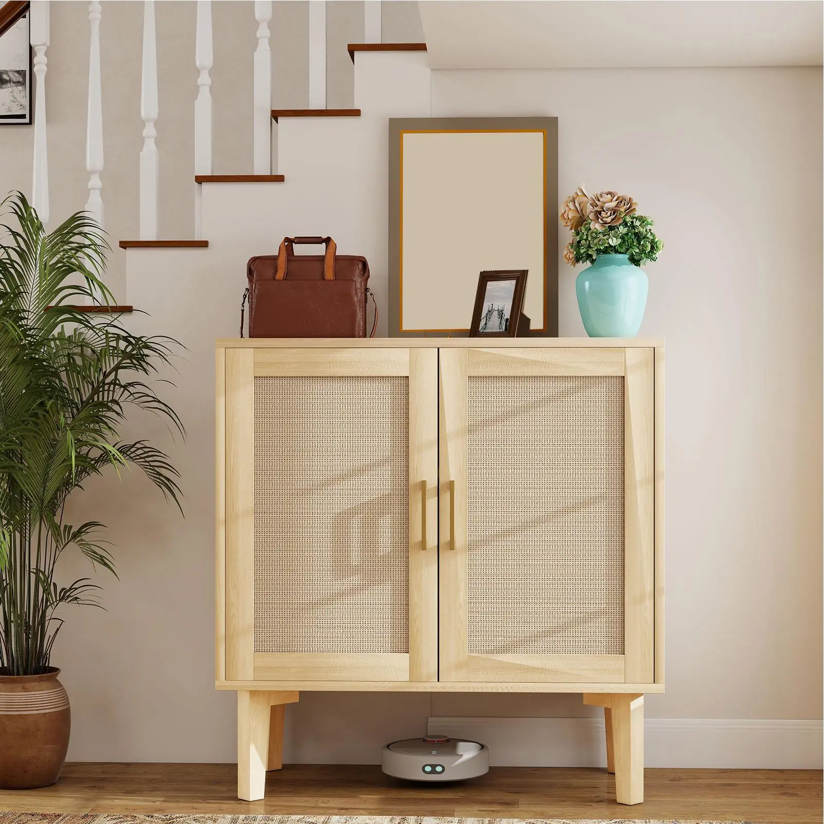 خزانة تخزين الروطان ذات الباب المزدوج الطبيعي، خزانة جانبية متعددة الوظائف مع وسادات قدم مضادة للخدش