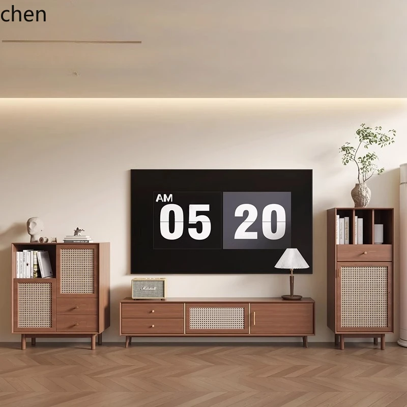 

HXL solid wood high and low TV cabinet combination villa model room living room storage rattan retro side chest