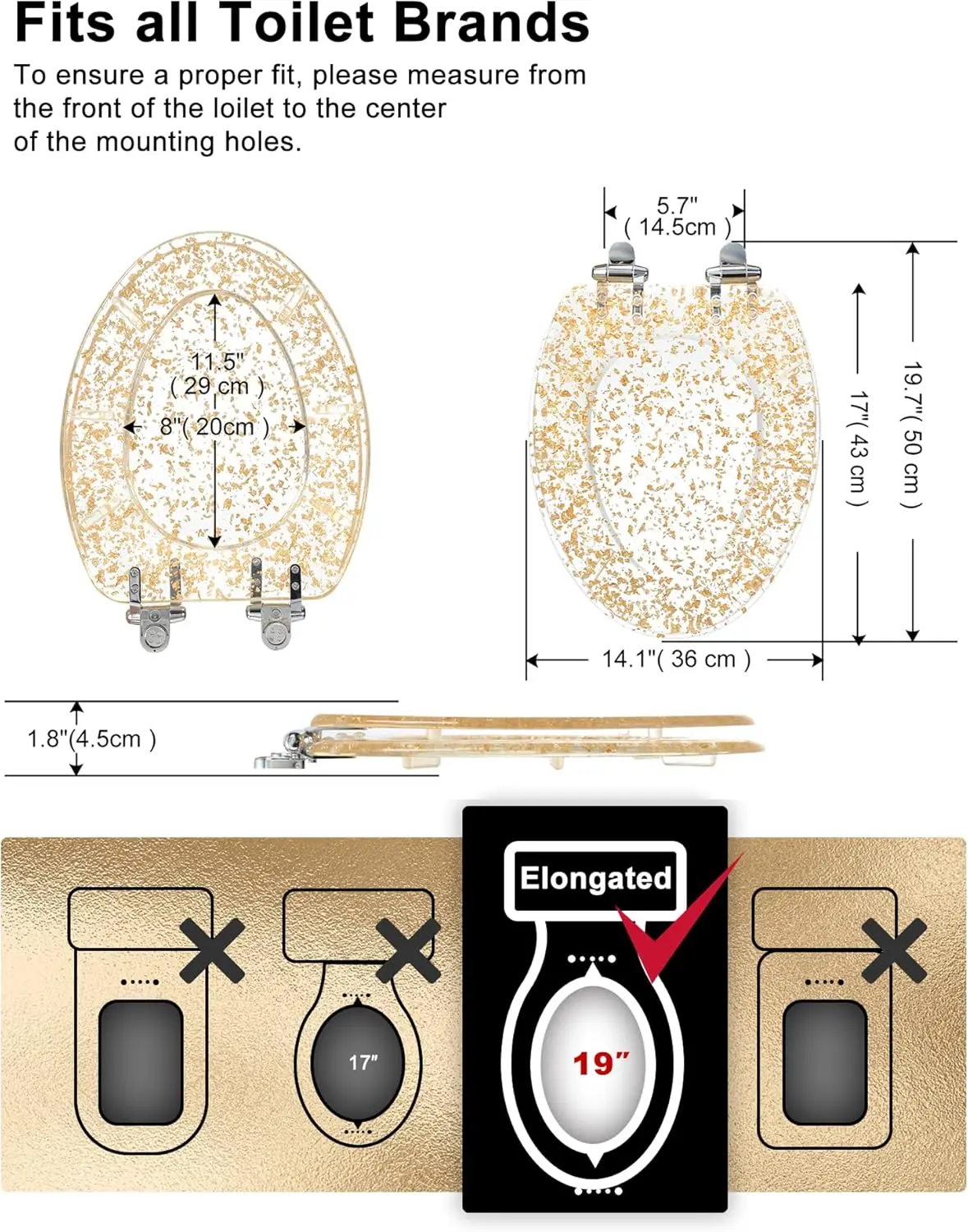 Gold Resin Toilet Seat Elongated with Easy Clean & Change Hinges, Soft Close Quick Release Heavy Duty Toilet Seats with