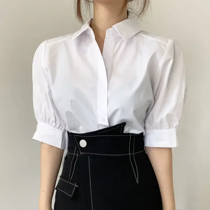 

Blouse Lady Casual Wild Camisa Blusas Mujer De Moda Blue Irregular Back Pleated Loose White Doll Shirt Puff Sleeve Lapel