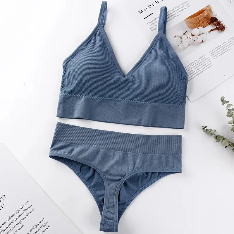 1 Set Seamless Bra Panties Solid Thin Wireless Bra Ribbed Thong Lingerie Set Women\'s Lingerie & Underwear