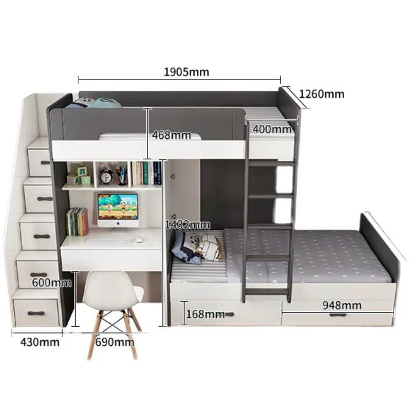 Children's bed staggered high and low bed with desk small apartment parallel upper and lower bed with wardrobe dislocation bunk