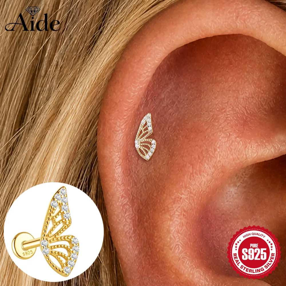 AIDE 925 Sterling Silver Hollowed-out Butterfly CA Zircon For Women Cartilage Helix Piercing Earrings Dainty Birthday Gifts