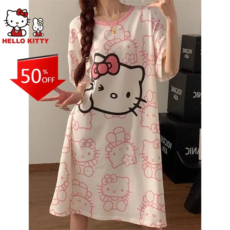 150kg Large Size Hello Kitty Pajamas Sleepwear Loose Nightdress Women Cute Print Loungewear Comfy Cotoon Summer New Home Wear