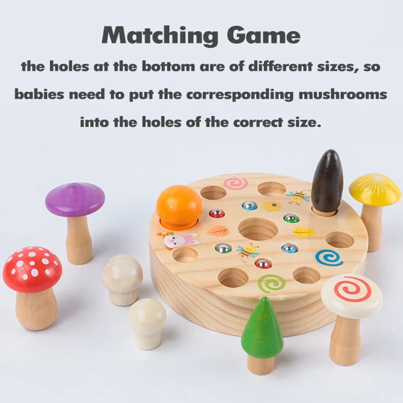 Baby Wooden Toys Picking Mushrooms Catching Bugs Board Early Educational Montessori Games Fine Motor Training Size Matching toy