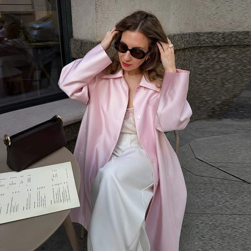 Satin-Revers Lange Trenchcoats für Damen, Street-Style, Langarm, Einreihig, Einfarbiger Windbreaker, Herbst, Damen, Lose Jacken, Neue Oberbekleidung – Detail 4