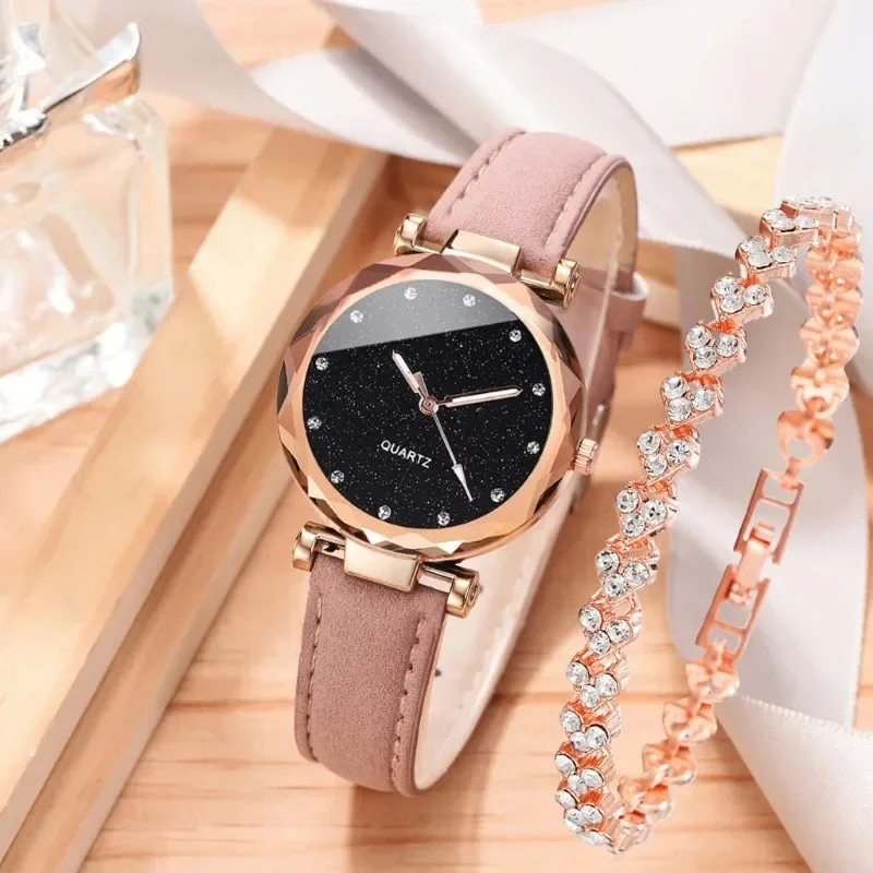 Zegarki damskie Starry Sky luksusowy top styl moda Rhinestone skórzany pasek kwarcowy zegarek damski zegarek damski zegar Reloj