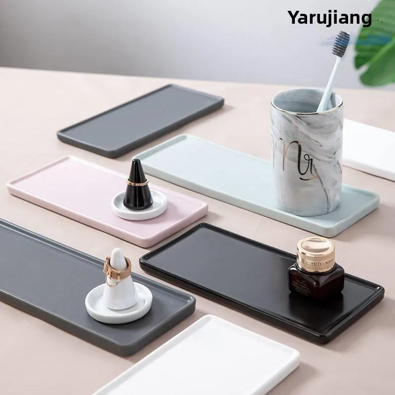 

Ceramic Serving Tray Jewelry Dish Long Rectangle Mouthwash Cup Tray Bathroom Makeup Room Storage Dish Sushi Plate