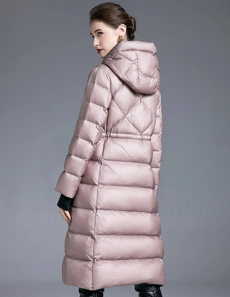 Women Winter Long Overcoats Black Hooded Down Jacket Below The Knee Slimming Coats Thickening White Duck Trendy Slim Waist Tops