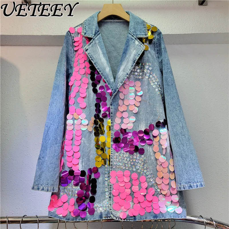 

European Style Cool Color Hand-Painted Sequins Suit Denim Coat Top 2024 Spring New Streetwear Suit Collar Jean Jacket for Women