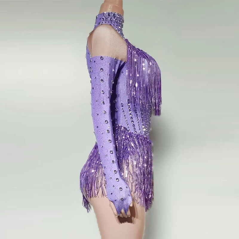 Kostium Drag Queen Fioletowy Kombinezon z Frędzlami i Cyrkoniami Damski Strój do Tańca na Rurze Bar DS DJ Rave Outfit Sceniczny Strój Gogo XS9668