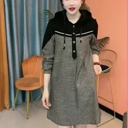 Fashion Hooded Button Spliced Striped Casual Dresses Women's Clothing Autumn New Loose Commuter Long Sleeve Mini Dress