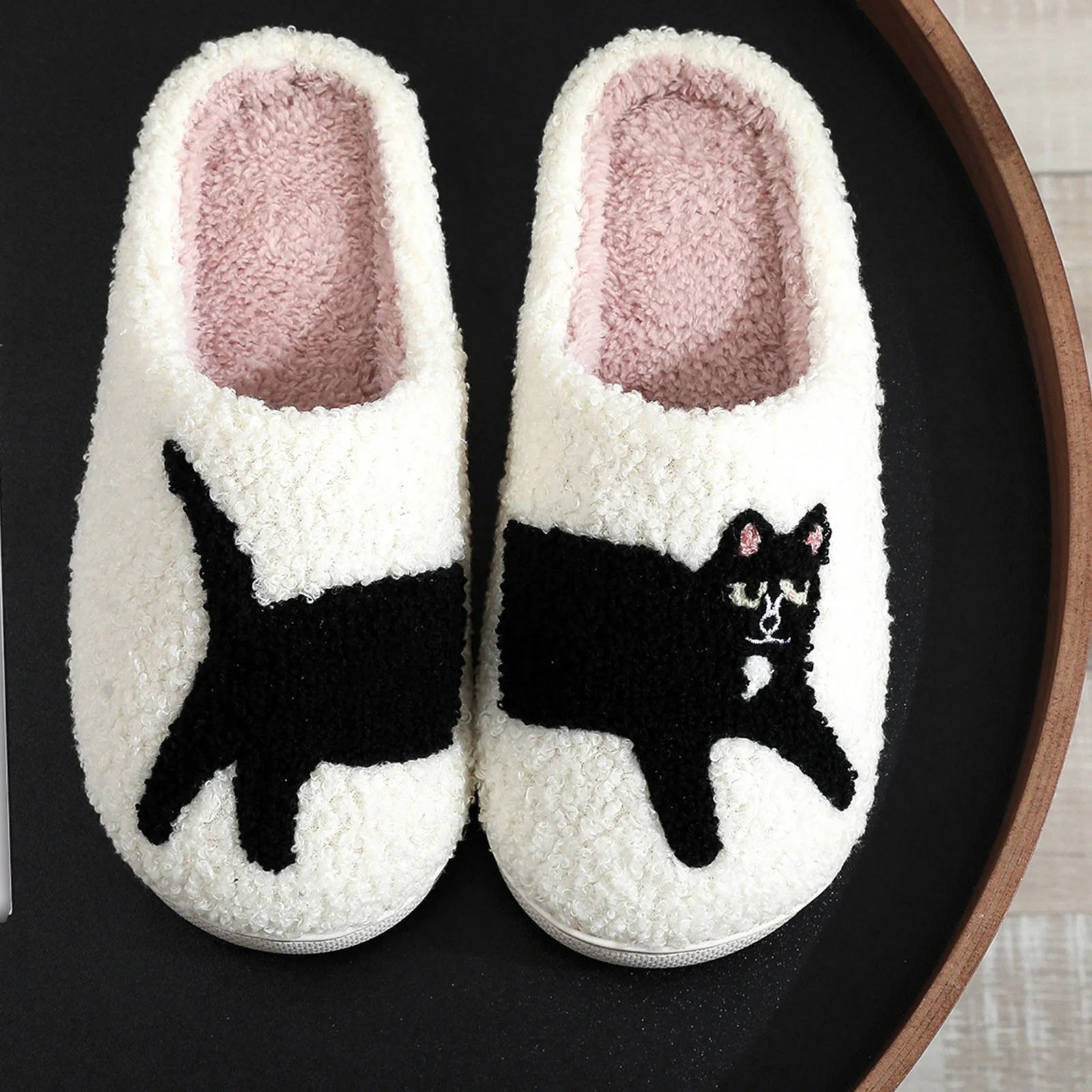 Pet Cats Pattern Embroidery Stuffed Home Thick Sole plaid Furry Cotton Slippers Cute Warm Indoor Non-slip Slippers Pet Mom Gift