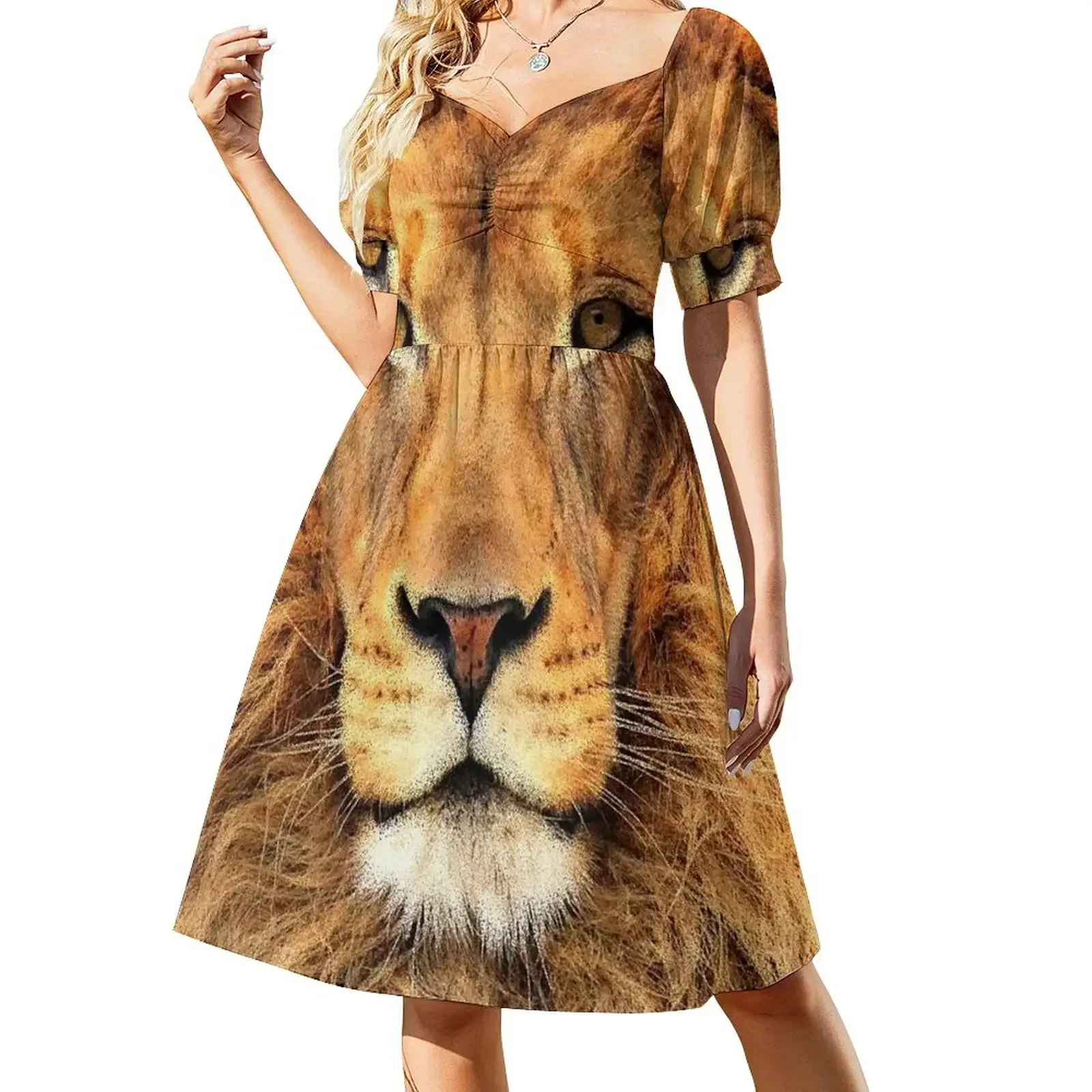 

Beautiful Lion Face Wild Cat Glare Short-Sleeved Dress Party dresses summer women's dress 2025 Women's long dress