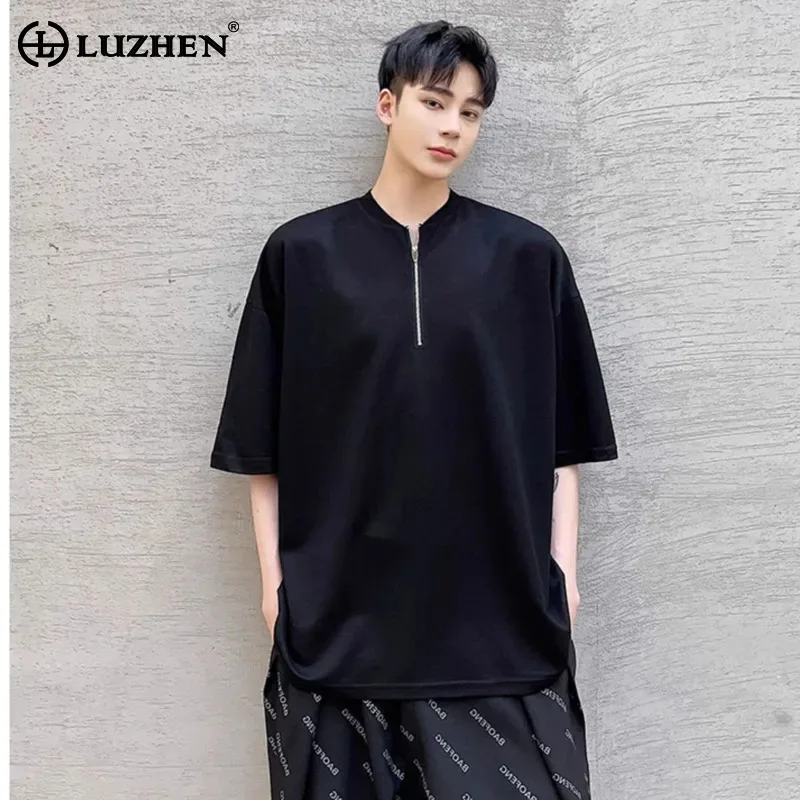 

LUZHEN Casual Short 2025 Neck New Sleeve Original Zipper Tops Men Stylish High Quality Solid Color Handsome Male T-shirts JY2658