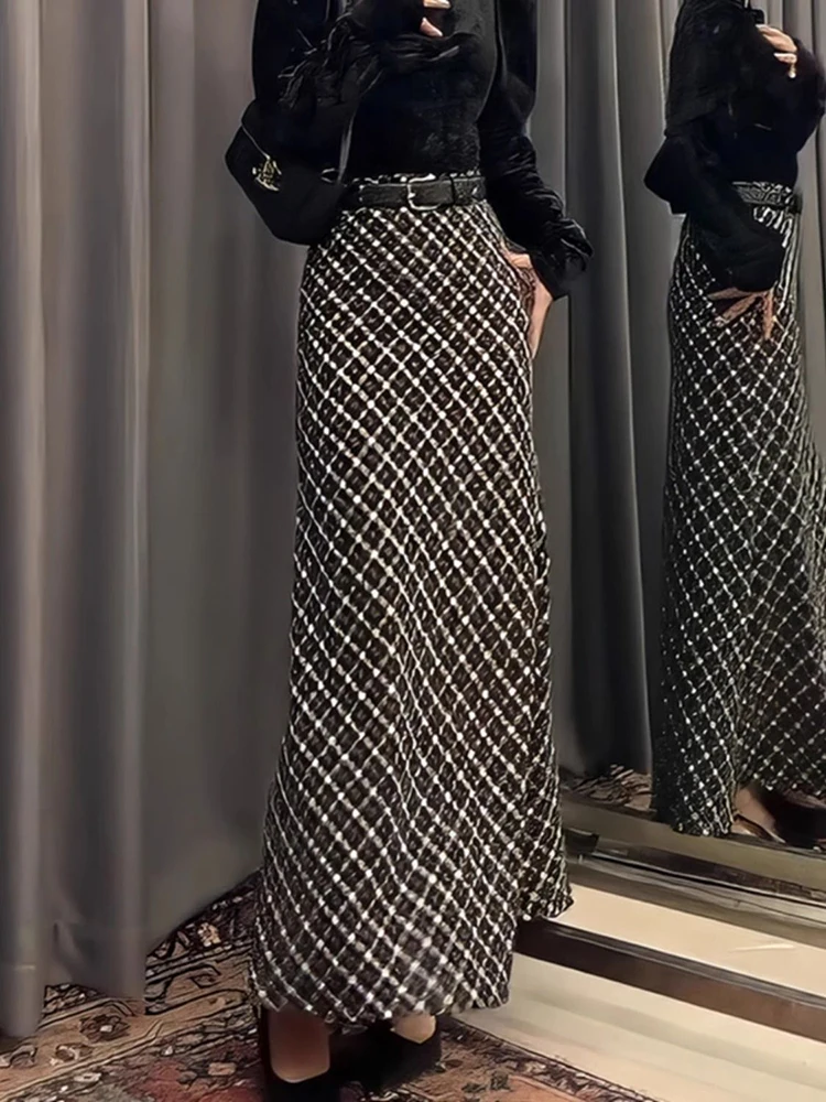 

Elegant Plaid Long Skirts Women Fashion High Waist A Line Loose Office Lady Skirts Casual Korean Simple Streetwear Female Skirt