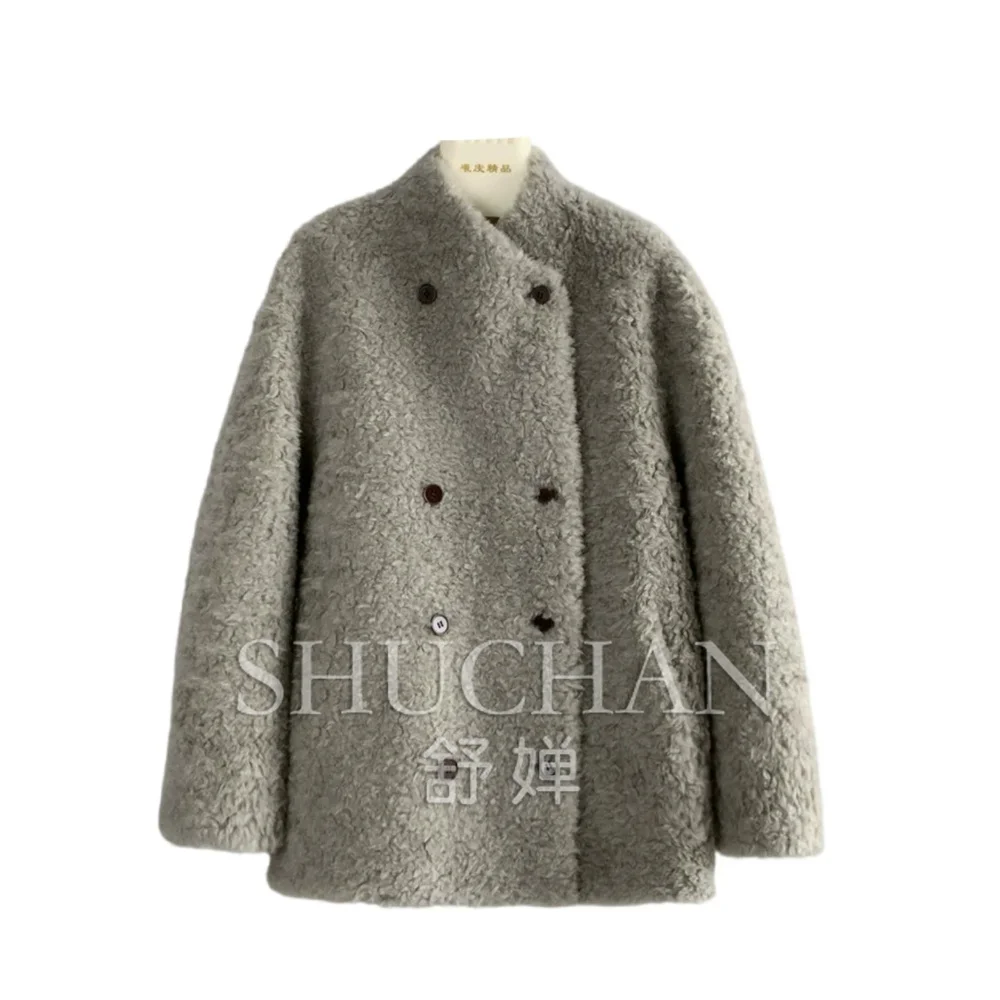 2026 winter Customized official Xuanzhen fruit buckle double-breasted lamb fur coat winter long fur integrated coat women loose