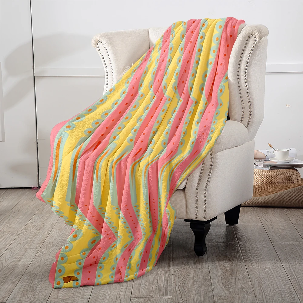 Yellow Pink Stripes Dots Lightweight Flannel Blanket Breathable Cozy Throw Blanket for Spring Summer Sofa Bed Air Conditioning