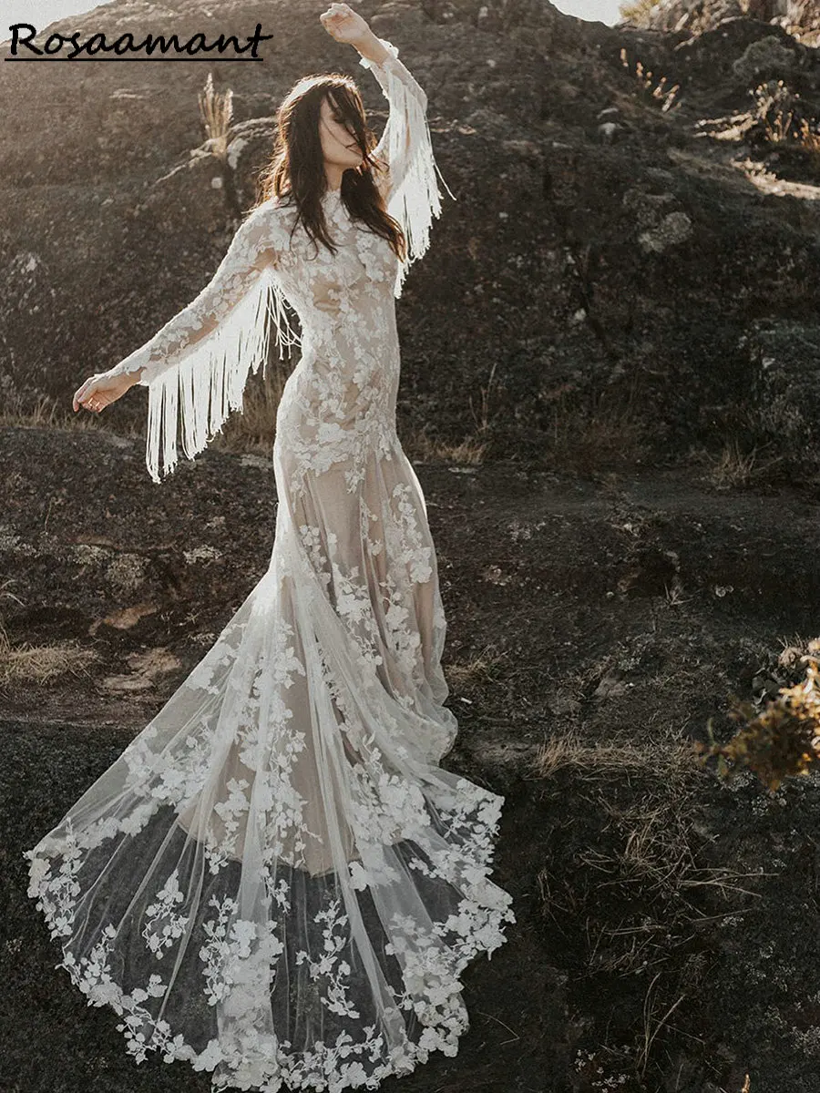 Eleganti abiti da sposa a sirena a maniche lunghe con collo alto Illusion Appliques floreali nappa di pizzo abiti da sposa Robe De Mariée