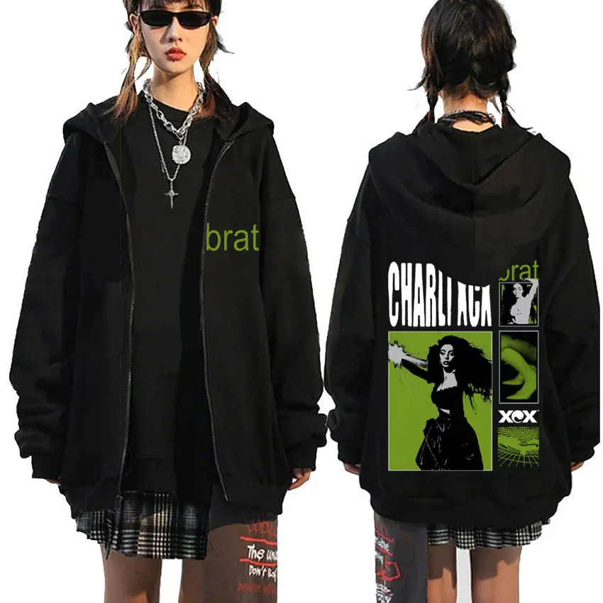 Pop Singer Charli Xcx Brat Graphic Zipper Hoodie Male Fleece Zip Up Hoodies Men Women Hip Hop Fashion Oversized Zip Up Jacket