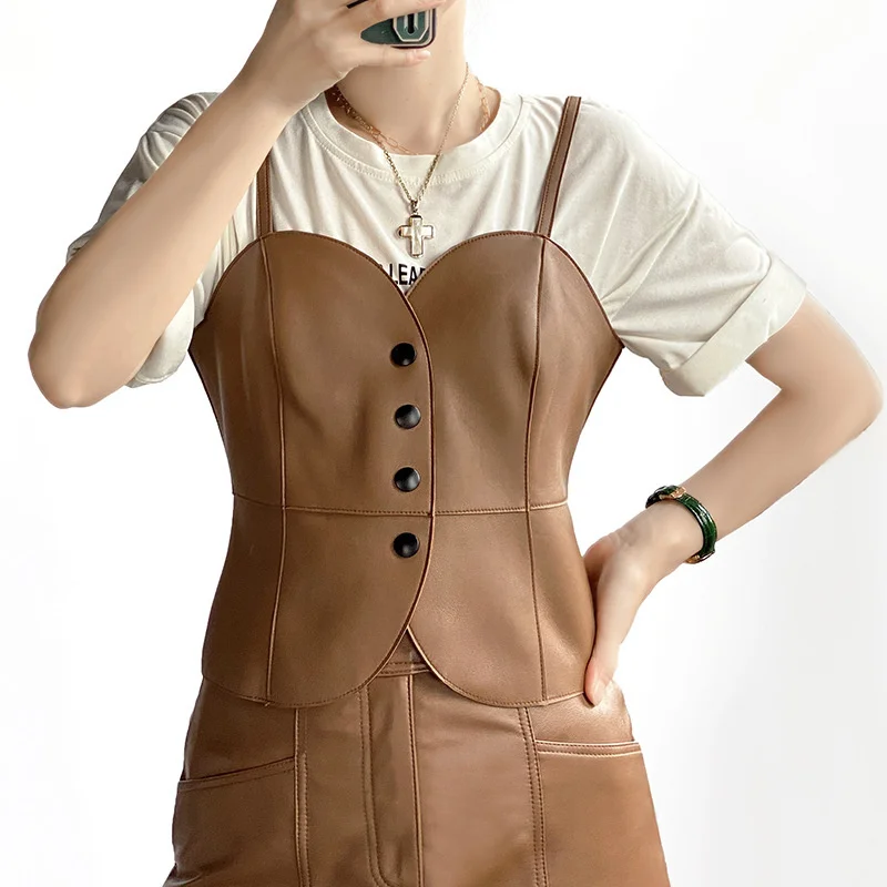 2024Leather leather jacket  autumn and winter versatile multi-color single breasted slim fitting outer belt vest for women sheep