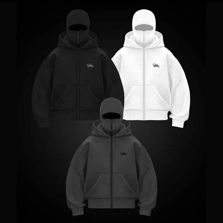 Hip Hop Zipper Hoodie Embroidery Jacket Double Hat Balaclava Men women Winter Warm Sweatshirt Y2K Hooded Face Mask Zip Up Hoodie