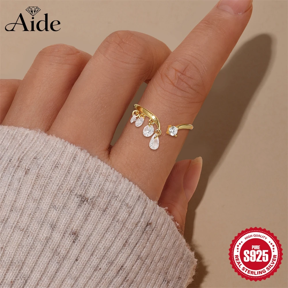 AIDE 925 Sterling Silver Waterdrop Pendant Tassel Open Ended Ring for Women Adjustable Party Wedding Engagement Jewelry