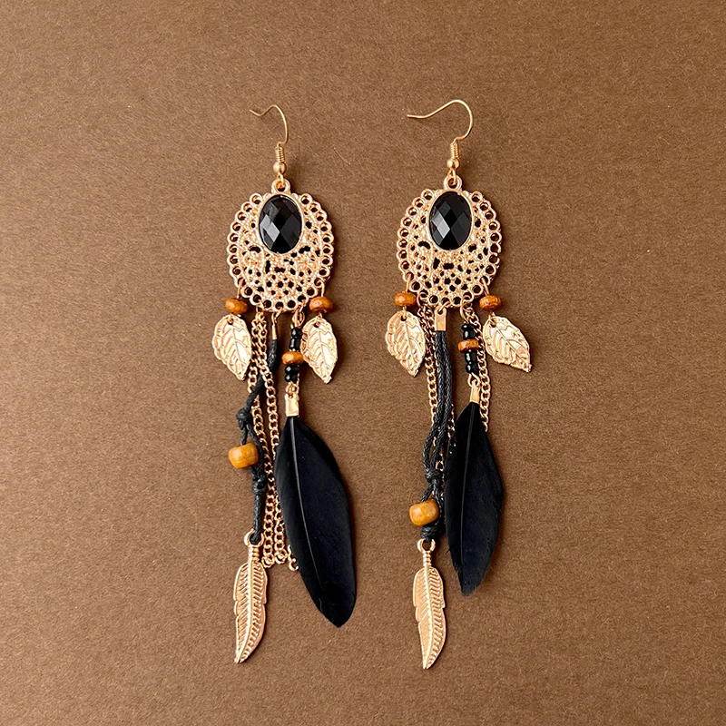 Schwarze Serie Bohemian Vintage Ethnische Baumeln Ohrringe für Frauen Dame Elegante Lange Quaste Feder Ohrring Weiblichen Schmuck – Detail 6