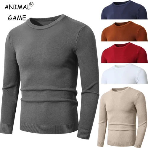 Suéter de cuello redondo para hombre, jersey de punto, suéteres casuales de manga larga, sudaderas suaves y ligeras ajustadas para uso informal o elegante