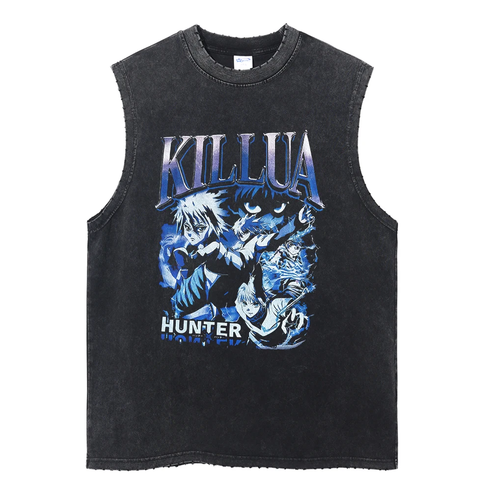 Fashion Ripped Casual Vest Harajuku Streetwear Washed Anime Print Tank Tops Men Summer Sleeveless Cotton Vintage Vest Tee Unisex