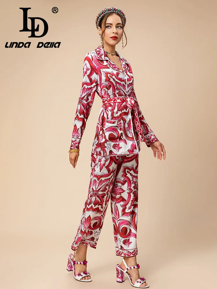 LD LINDA DELLA Autumn and Winter Set Women Red and White porcelain Print Belt Single-breasted Top+Straight Trouser 2 Pieces Set