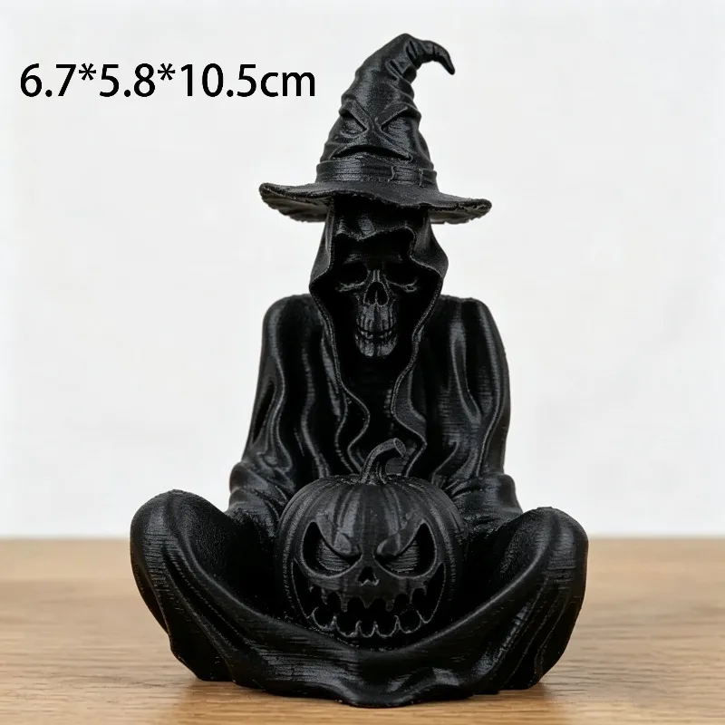 Halloween Grim Reaper Wizard Figurine 3D Printed Skeleton Statue with Pumpkin Tabletop Ornament Spooky Halloween Party Decor