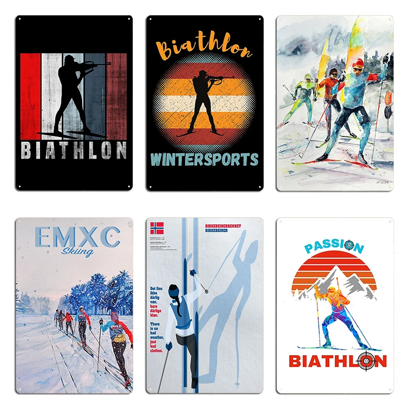 Watercolor Ski Biathlon wintersports vintage cross-country skiers Metal Wall Decor Printing Cinema Living Room Tin Sign Posters