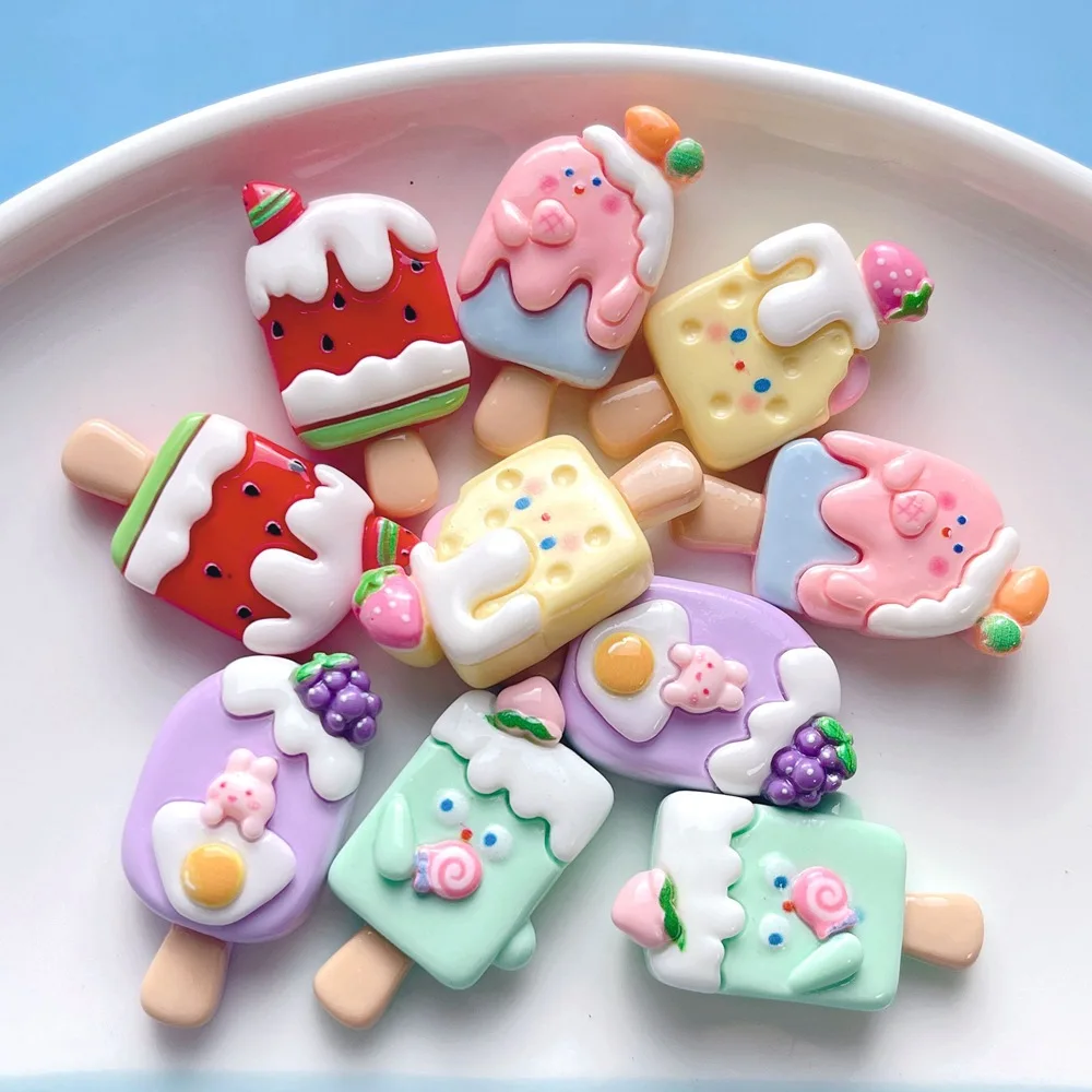 10pcs Drippy Cartoon Popsicle Resin Cabochon Flat Back DIY Hair Bows Clips Embellishment Accessories Miniature Food Scene Layout