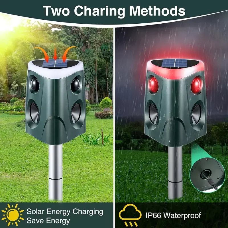 Solar Ultrasonic Animal Repellent with LED Flashing Multi Gear Adjustment Infrared Sensing Rodent Deterrer Outdoor Garden Use