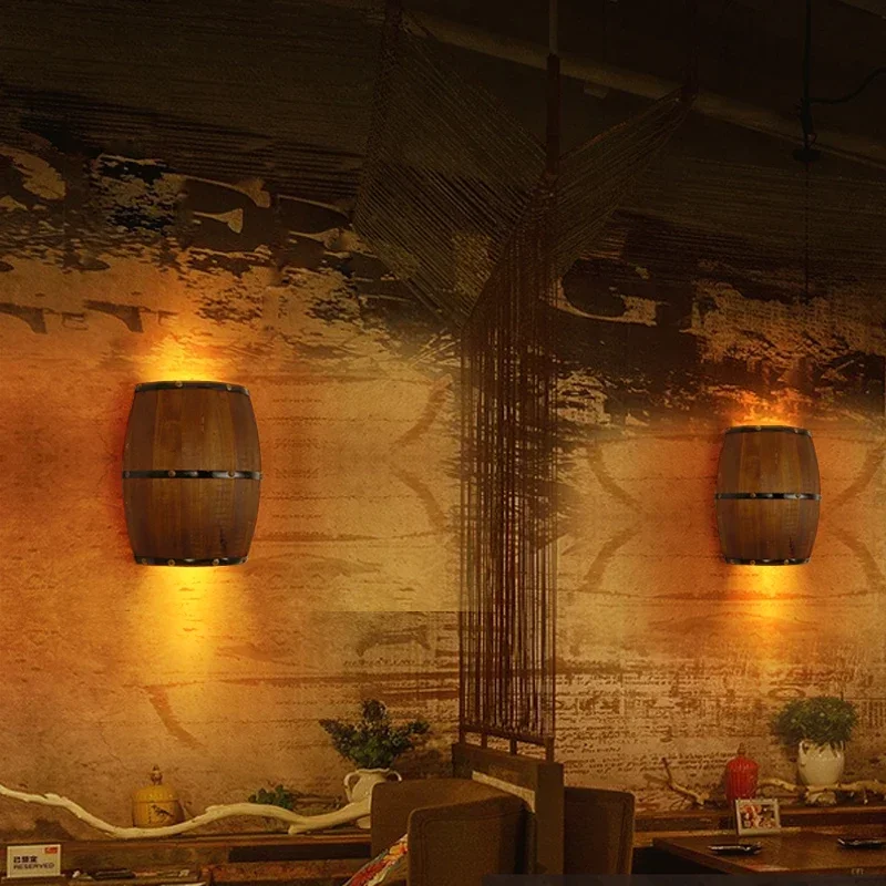 Retro wood barrel wall light fixtures light up and down, E14 indoor wall light for bar stairs fireplace area steampunk theme