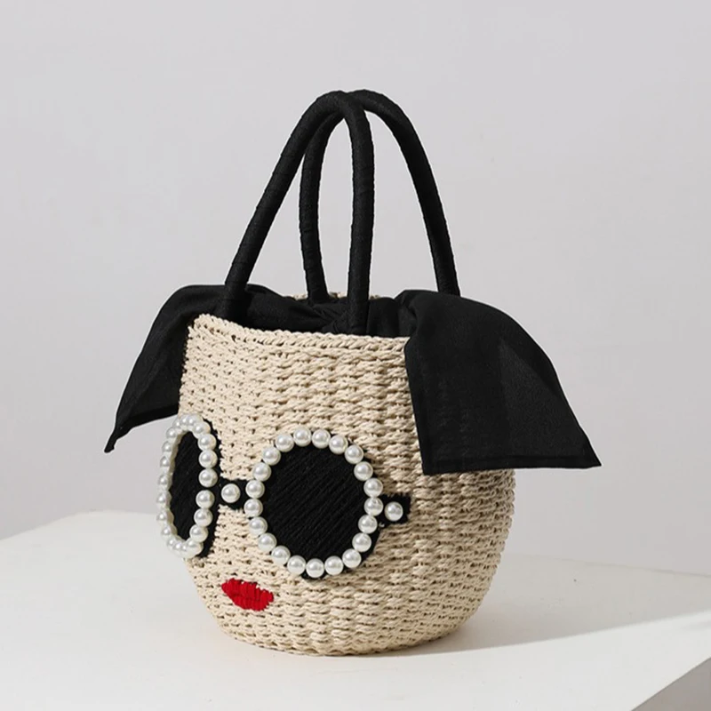 Glasses red lips straw wovenJapanese fashion rattan hand bag cute cartoon Shoulder Crossbody  Beach Bag bucket woven bag female